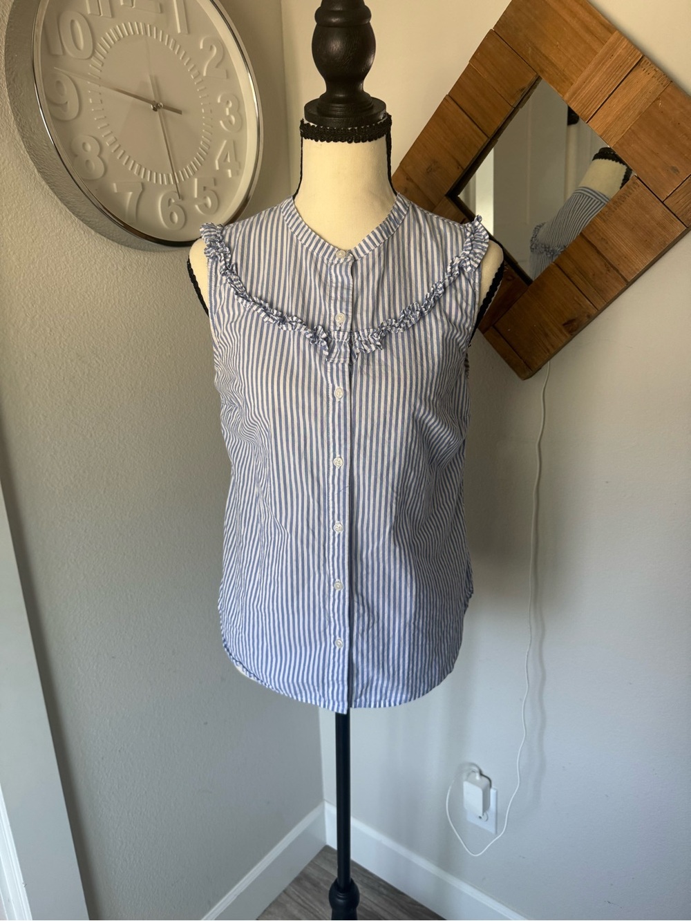 Old Navy Blue & White Striped Ruffle Sleeveless Button-Up Top